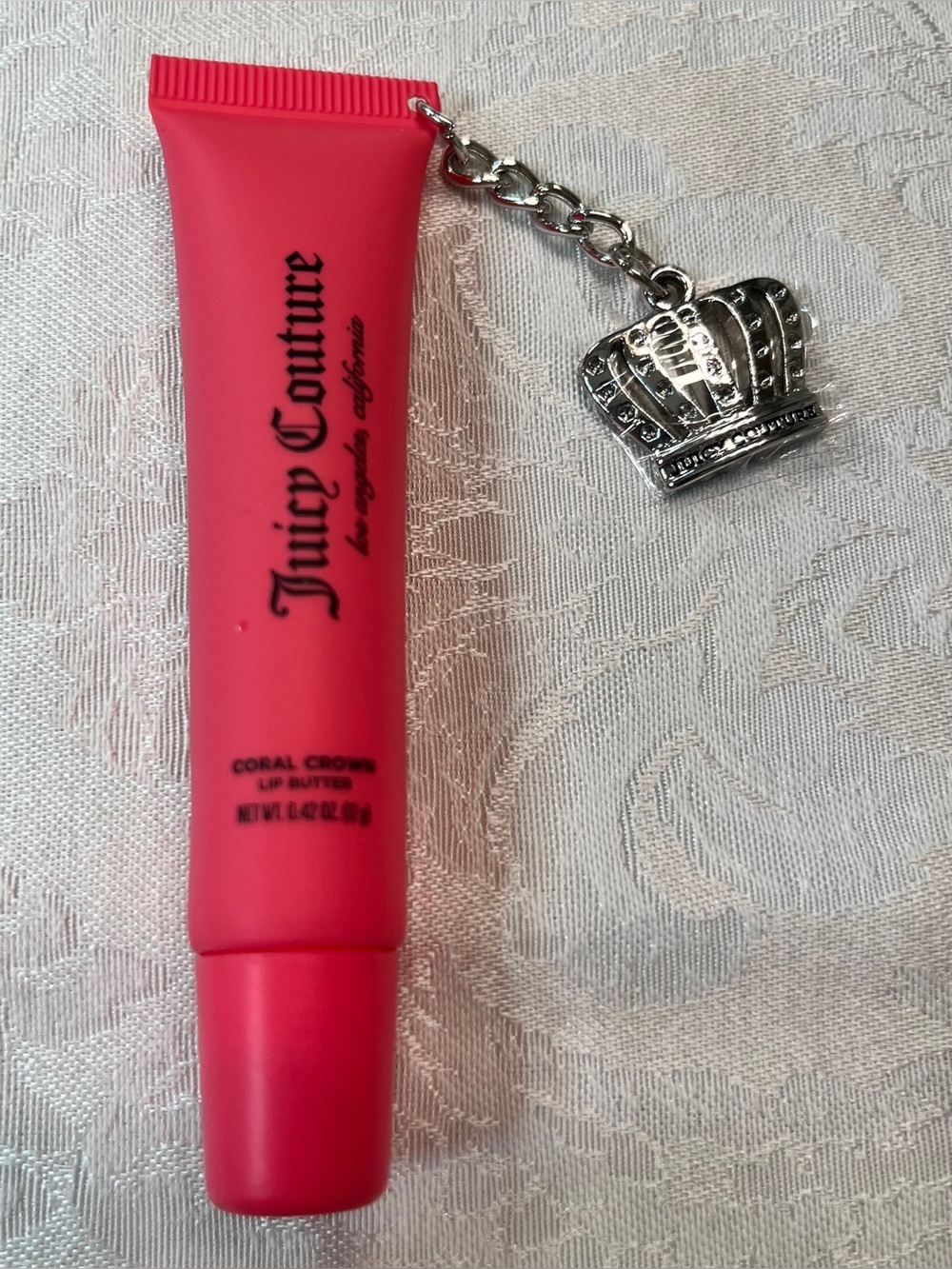 Juicy Couture Coral Pink Lip Butter with Silver Crown Charm